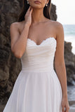 Strapless White Chiffon Ruched A Line Midi Engagement Dress