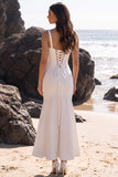 White Corset Mermaid Midi Engagement Dress with Lace-up Back