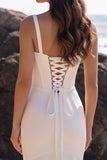 White Corset Mermaid Midi Engagement Dress with Lace-up Back