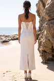 Sheath White Strapless Midi Engagement Dress with Back Slit