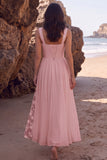 White Chiffon A Line Lace Midi Engagement Dress with Slit
