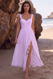 White Chiffon A Line Lace Midi Engagement Dress with Slit