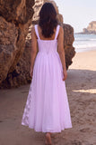 White Chiffon A Line Lace Midi Engagement Dress with Slit