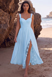 White Chiffon A Line Lace Midi Engagement Dress with Slit