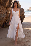 White Chiffon A Line Lace Midi Engagement Dress with Slit