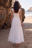 White Chiffon A Line Lace Midi Engagement Dress with Slit