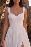 White Chiffon A Line Lace Midi Engagement Dress with Slit