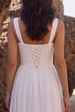 White Chiffon A Line Lace Midi Engagement Dress with Slit