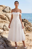 Off the Shoulder White A Line Appliqued Tulle Midi Engagement Dress