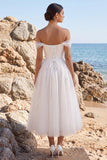 Off the Shoulder White A Line Appliqued Tulle Midi Engagement Dress