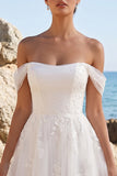Off the Shoulder White A Line Appliqued Tulle Midi Engagement Dress