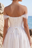 Off the Shoulder White A Line Appliqued Tulle Midi Engagement Dress