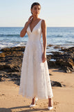 White A Line V-Neck Lace Appliqued Midi Engagement Dress