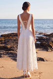 White A Line V-Neck Lace Appliqued Midi Engagement Dress