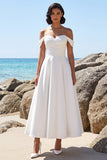 White A Line Off the Shoulder Midi Engagement Dress with Lace-up Back