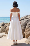 White A Line Off the Shoulder Midi Engagement Dress with Lace-up Back