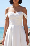 White A Line Off the Shoulder Midi Engagement Dress with Lace-up Back