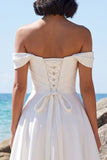 White A Line Off the Shoulder Midi Engagement Dress with Lace-up Back