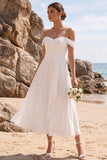 Off the Shoulder Chiffon White Ruched A Line Midi Engagement Dress