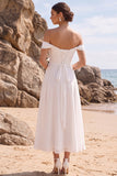 Off the Shoulder Chiffon White Ruched A Line Midi Engagement Dress