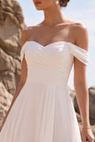 Off the Shoulder Chiffon White Ruched A Line Midi Engagement Dress