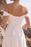 Off the Shoulder Chiffon White Ruched A Line Midi Engagement Dress