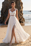 White A Line Ruched Chiffon Applique Beach Wedding Dress with Slit