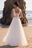 White A Line Ruched Chiffon Applique Beach Wedding Dress with Slit