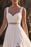 White A Line Ruched Chiffon Applique Beach Wedding Dress with Slit