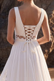 White A Line Ruched Chiffon Applique Beach Wedding Dress with Slit