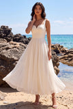 Simple White A Line Chiffon Midi Engagement Dress with Lace-up Back
