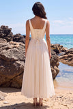 Simple White A Line Chiffon Midi Engagement Dress with Lace-up Back
