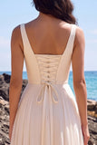 Simple White A Line Chiffon Midi Engagement Dress with Lace-up Back