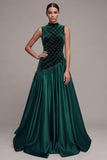 Dark Green High Neck Velvet Beaded Grid Satin A Line Holiday Dress