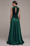 Dark Green High Neck Velvet Beaded Grid Satin A Line Holiday Dress
