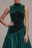 Dark Green High Neck Velvet Beaded Grid Satin A Line Holiday Dress
