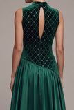 Dark Green High Neck Velvet Beaded Grid Satin A Line Holiday Dress