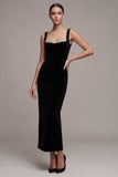 Velvet Black Rhinestone Sheath Formal Dress with Lace-up Back
