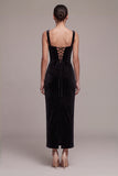 Velvet Black Rhinestone Sheath Formal Dress with Lace-up Back