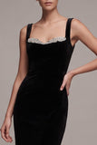Velvet Black Rhinestone Sheath Formal Dress with Lace-up Back
