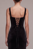 Velvet Black Rhinestone Sheath Formal Dress with Lace-up Back
