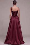 Plum A Line Square Neck Velvet Satin Formal Dress with Lace-up Back