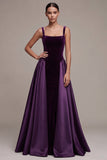 Plum A Line Square Neck Velvet Satin Formal Dress with Lace-up Back