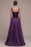 Plum A Line Square Neck Velvet Satin Formal Dress with Lace-up Back