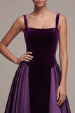 Plum A Line Square Neck Velvet Satin Formal Dress with Lace-up Back