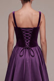 Plum A Line Square Neck Velvet Satin Formal Dress with Lace-up Back