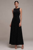 Black A Line Diamond Grid Beaded Velvet Midi Dress