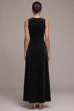 Black A Line Diamond Grid Beaded Velvet Midi Dress