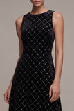 Black A Line Diamond Grid Beaded Velvet Midi Dress