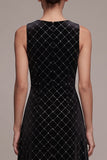 Black A Line Diamond Grid Beaded Velvet Midi Dress